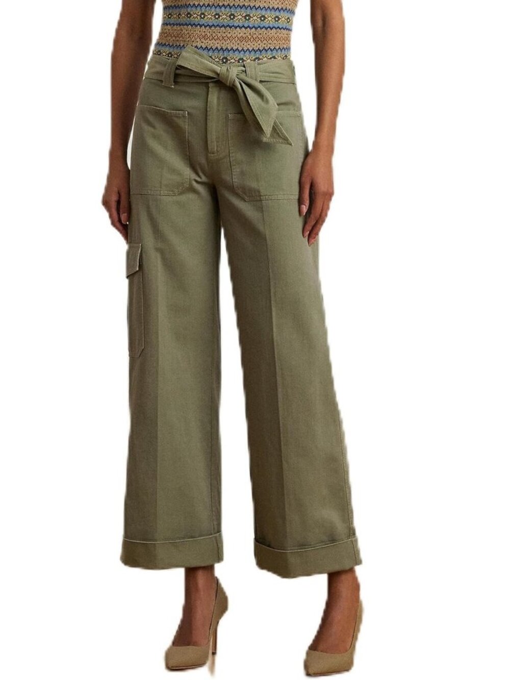 Lauren Ralph Lauren Pleated Cotton Twill Wide-Leg Cargo Pants, size 4